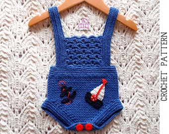 CROCHET PATTERN Sailboat Romper, nautical baby outfit, boat and anchor, newborn baby shower gift (sizes 0-3m, 3-6m), PDF pattern & tutorial