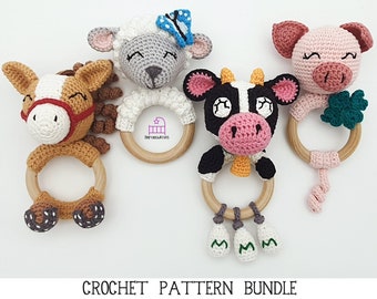 CROCHET PATTERN BUNDLE farmyard collection horse pig lamb sheep cow animal crochet amigurumi teether rattle toy, newborn baby shower gift