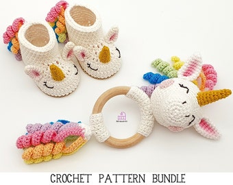 CROCHET PATTERN BUNDLE Una the Unicorn amigurumi teether rattle toy and booties, unicorn magical cotton slippers, newborn baby shower gift