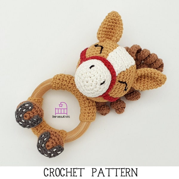 CROCHET PATTERN Harriet the Horse amigurumi teether rattle toy pattern, handmade newborn baby shower gift, PDF pattern & photo tutorial