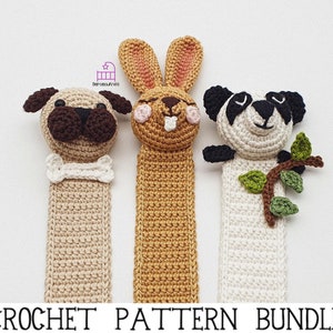 VIRKMÖNSTERPAKET kanin panda mops, amigurumi virkad bokmärke pdf-mönster, handgjord kanin, hund, valp present till bokälskare