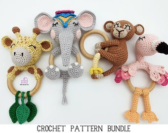 CROCHET PATTERN BUNDLE safari giraffe elephant monkey flamingo animal crochet amigurumi teether rattle toy, newborn baby shower gift