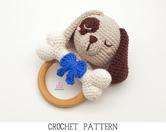 Crochet amigurumi dog teether rattle pattern, Percy the Puppy teething ring toy, handmade baby shower gift, PDF pattern & photo tutorial