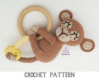 CROCHET PATTERN Marissa the Monkey amigurumi teether rattle toy pattern, handmade newborn baby shower gift, PDF pattern & photo tutorial