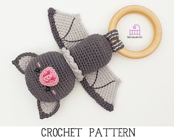 CROCHET PATTERN Beatrice the Bat amigurumi teether rattle toy pattern, handmade halloween newborn baby shower gift, PDF pattern & photo