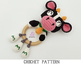 CROCHET PATTERN Cameron the Cow amigurumi teether rattle toy pattern, handmade newborn baby shower gift, PDF pattern & photo tutorial