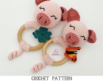 CROCHET PATTERN Penny the Lucky Pig amigurumi teether rattle toy pattern, handmade newborn baby shower gift, PDF pattern & photo tutorial