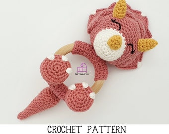 CROCHET PATTERN Trixie the Triceratops amigurumi teether rattle toy pattern, handmade newborn baby shower gift, PDF pattern & photo tutorial