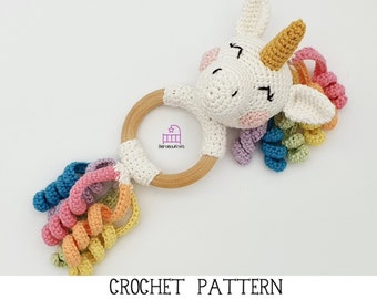 CROCHET PATTERN Una the Unicorn amigurumi teether rattle toy pattern, handmade newborn baby shower gift, PDF pattern & photo tutorial