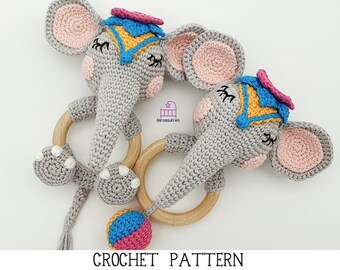 CROCHET PATTERN Ellie the Elephant amigurumi teether rattle toy pattern, handmade newborn baby shower gift, PDF pattern & photo tutorial