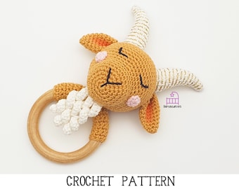 CROCHET PATTERN Gary the Goat amigurumi teether rattle toy pattern, billy goat teething ring, handmade baby shower gift, PDF photo tutorial