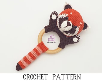 CROCHET PATTERN Romeo the Red Panda amigurumi teether rattle toy pattern, handmade newborn baby shower gift, PDF pattern & photo tutorial