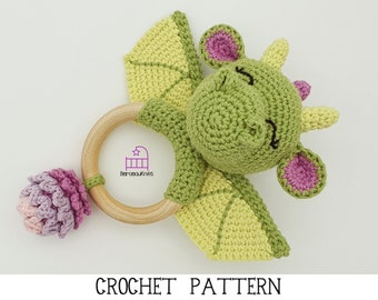 CROCHET PATTERN Dexter the Dragon amigurumi teether rattle toy pattern, handmade newborn baby shower gift, PDF pattern & photo