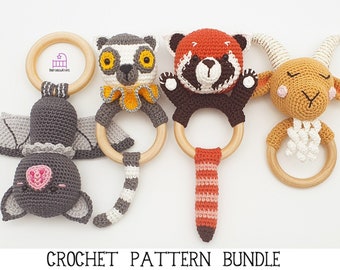 CROCHET PATTERN BUNDLE bat lemur red panda highland goat, zoo animals crochet, amigurumi teether rattle toy, newborn baby shower gifts