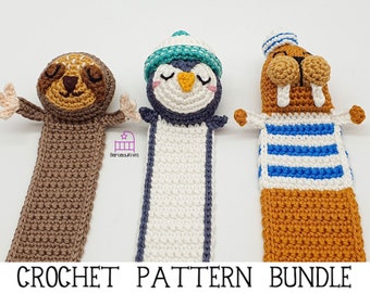 CROCHET PATTERN BUNDLE sloth penguin walrus, amigurumi crochet bookmark pdf pattern, handmade gift for book lovers