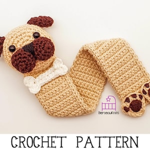 May include: Crochet pattern for a pug-shaped bookmark. The bookmark is tan with brown accents for the pug's face and paws. The bookmark has a white bone attached to the pug's neck.