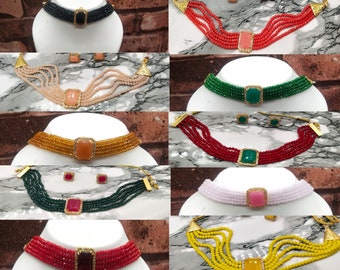 ASIÁTICO indio/pakistaní cristal nupcial collar gargantilla JOYERÍA conjunto multicolor