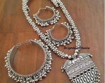 ASIAN Silver Plated Oxidised Latest New Design Necklace Choker Earrings Women Jewellery