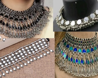 BRIGHTSUN Imitation Oxidised Long Tribal German Silver Necklace Afghani Indian Jewellery Boho Necklace with Earrings Set