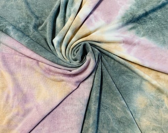 Tie Dye Hacci suéter tejido de punto, lavanda / beige / carbón, tela cepillada con estiramiento de 4 vías, mezcla de Poly Rayon Spandex-1 YARD