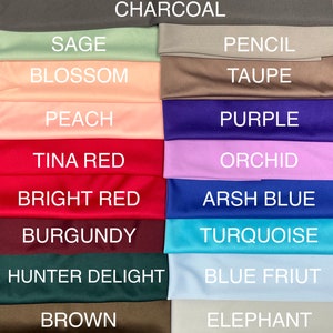 Puede incluir: Una tarjeta de muestra de tela con 12 colores diferentes, incluyendo carb&oacute;n, salvia, flor, melocot&oacute;n, l&aacute;piz, topo, morado, rojo tina, orqu&iacute;dea, rojo brillante, azul arsh, burdeos, deleite del cazador, azul friut, marr&oacute;n y elefante.