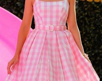 barbie pink gingham dress costume Barbie 2023 Margot Robbie Pink Dress