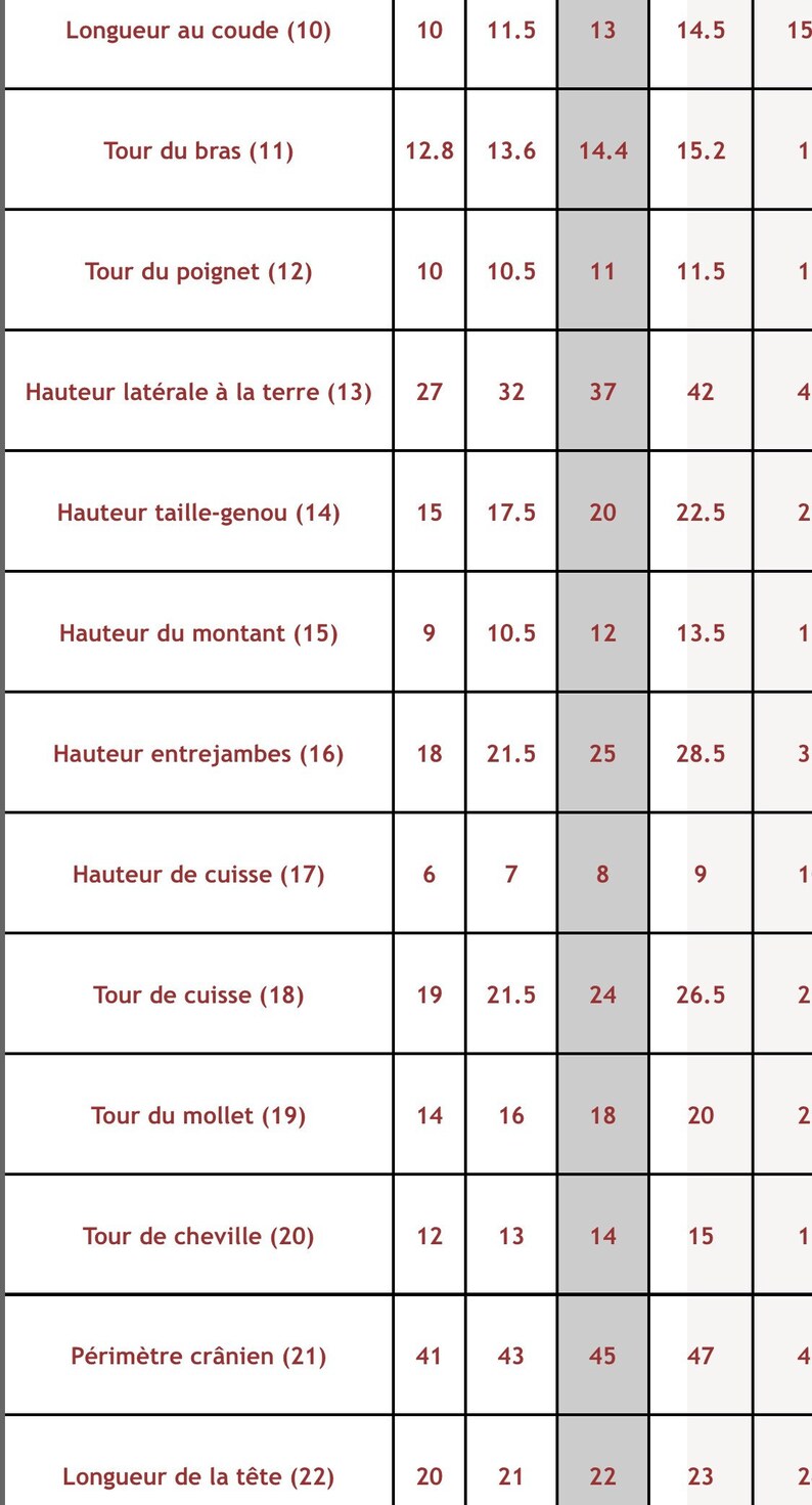 May include: A table with measurements for different body parts in centimeters. The table includes measurements for the length of the elbow, the circumference of the arm, the circumference of the wrist, the height from the hip to the ground, the height from the waist to the knee, the height of the thigh, the circumference of the thigh, the circumference of the calf, the circumference of the ankle, the head circumference, and the length of the head.