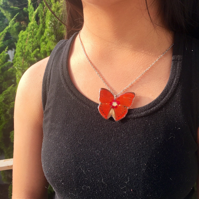 Real Butterfly Wing Necklace Cymothoe Butterfly Red Root Chakra Healing Grounding Necklace