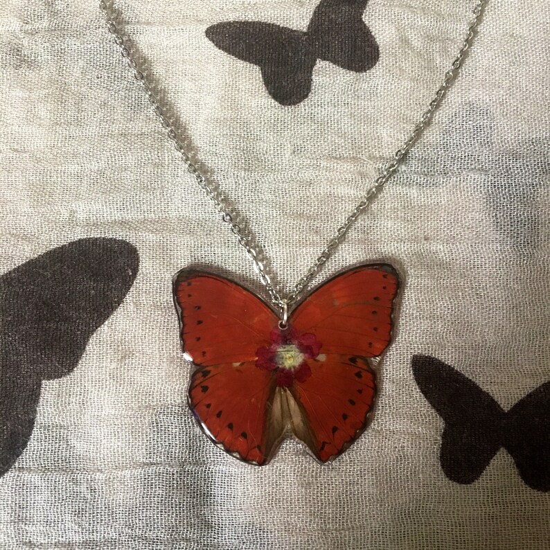 Real Butterfly Wing Necklace Cymothoe Butterfly Red Root Chakra Healing Grounding Necklace