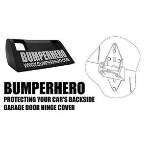 May include: Black BumperHero garage door hinge cover with the text "BUMPERHERO" and "www.BUMPERHERO.com" in white. The text "PROTECTING YOUR CAR'S BACKSIDE GARAGE DOOR HINGE COVER" is also present. A diagram of a hinge is on the right.
