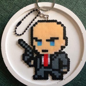 Hitman Agent 47 Keychain / Handmade Pixel Art Perler Beads Keychain / Gamer Gift