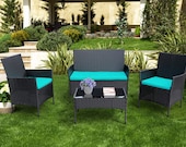 4 Pieces Patio Furniture Sets Rattan Wicker with 2 Cushioned Chairs, 1 Sofa, 1 Glass Top Table