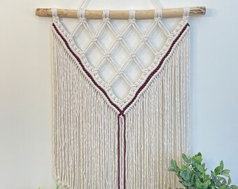 Beige macrame wall hanging • 21x28 • eco-friendly gift, burgundy red stripe, boho macrame wall art, neutral eclectic bohemian decor