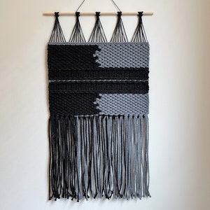 Black weave wall hanging • 12x21 • small hand woven wall decor, ombre gradient wall art, gothic dark decor, abstract weaving