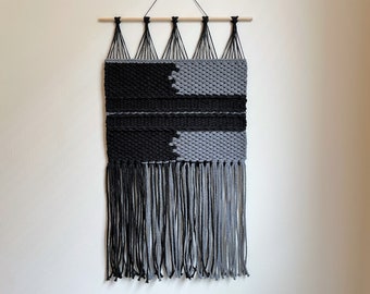 Black weave wall hanging • 12x21 • small hand woven wall decor, ombre gradient wall art, gothic dark decor, abstract weaving