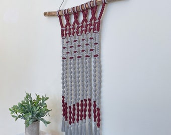 Modern macrame wall hanging • 23x30 • contemporary red and gray decor with spirals on natural branch for eclectic modern aesthetic