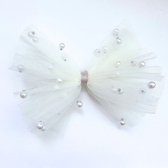 Two Pearl Tulle Hair Bow Clip
