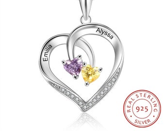 Collier coeur argent avec pierre de naissance collier 2 prénom argent 925 bijou personnalisé pendentif coeur argent cadeau pour femme