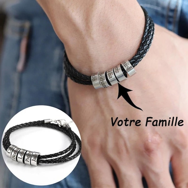 Bracelet personnalisé avec prénom pour homme, Bracelet famille en cuir multicouche noir, accessoires, bijoux pour lui, cadeau pour papa
