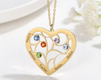 Family heart necklace with customizable birthstone Gold Silver Rose gold