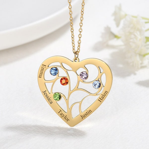 Family heart necklace with customizable birthstone Gold Silver Rose gold