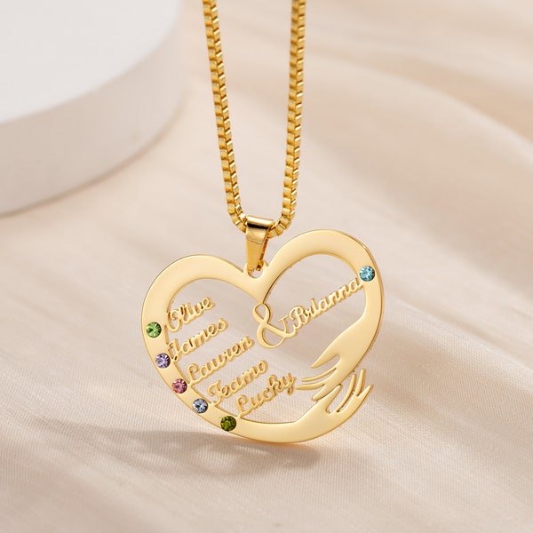 Collier coeur affectif pour maman avec prenoms enfants et pierre de naissance