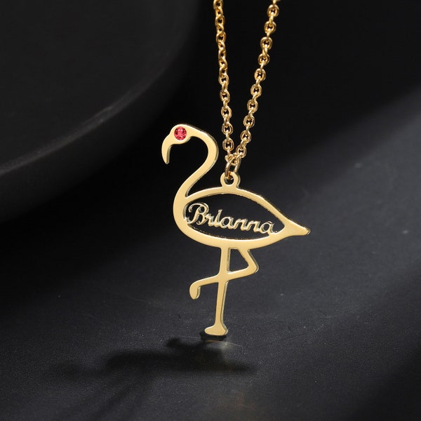 Collier prénom flamant rose personnalisable, pendentif avec pierre de naissance