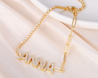 Bracelet personnalisé prénom en pierre Zircon, Bracelet avec chaîne pour femme, Gourmette pour elle, Cadeau maman, Bijoux minimaliste