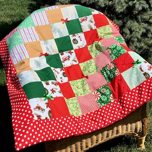First Noel Handmade Baby Quilt - Holiday Quilt, Christmas Quilt, Baby Blanket, Nursery Blanket, Baby Gift, Red, Cotton, Flannel, Polka Dots