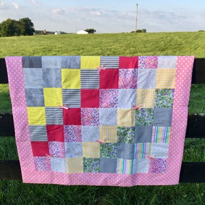 Sweet Pink Polka Baby Quilt - Handmade, Pink Polka Pastel Cotton Front and Flannel Back, Baby Blanket, Baby Gift, Baby Crib, Baby Girl
