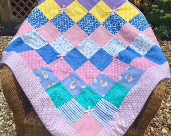 Cotton Candy Cradle Baby Quilt - Handmade, Pink Pastel Cotton Front, Pink Fleece Elephant Print Back, Baby Blanket, Baby Gift, Baby Girl