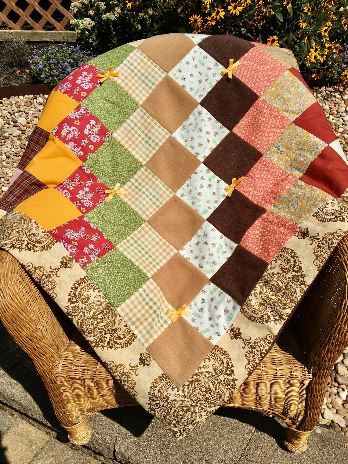 Nutmeg Baby Quilt Handmade, Brown, Tan, Goldenrod, Cotton, Fleece, Baby