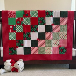 Ready For Santa Quilt-Handmade Baby Quilt, Christmas Blanket, Red, Green, Gender Neutral