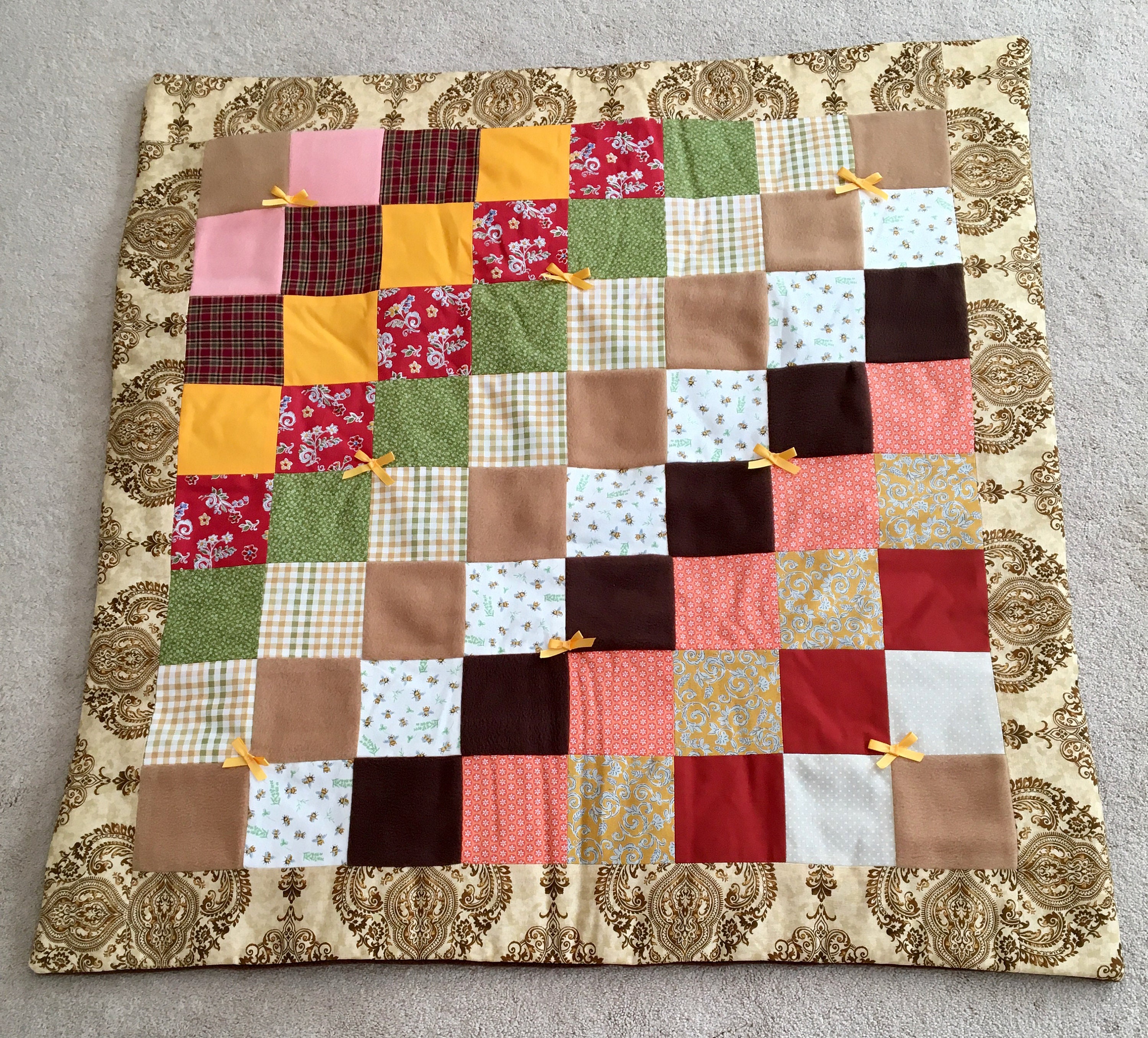 Nutmeg Baby Quilt Handmade, Brown, Tan, Goldenrod, Cotton, Fleece, Baby